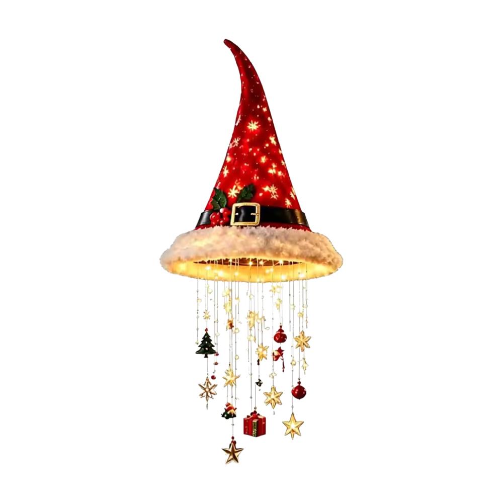 LED Santa Hat Pendant Light Hanging Lamp with Bell Tassel Star Decor Xmas New Year Home Wall Window Atmosphere Decoration Light