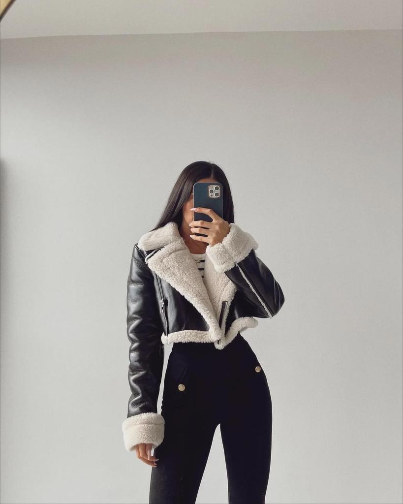 2023 Black Leather and White Fur Short Motorcycle Jacket - Autumn/Winter Street Style
