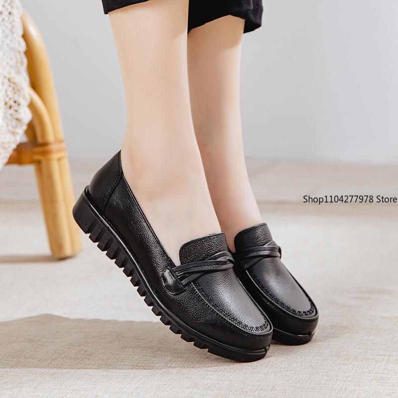 Fashion Pu Leathe Rwomen's Shoes Casual Women's Single Shoes First Layer Leather Non-slip Soft-soled Shoes Middle-aged Loafers
