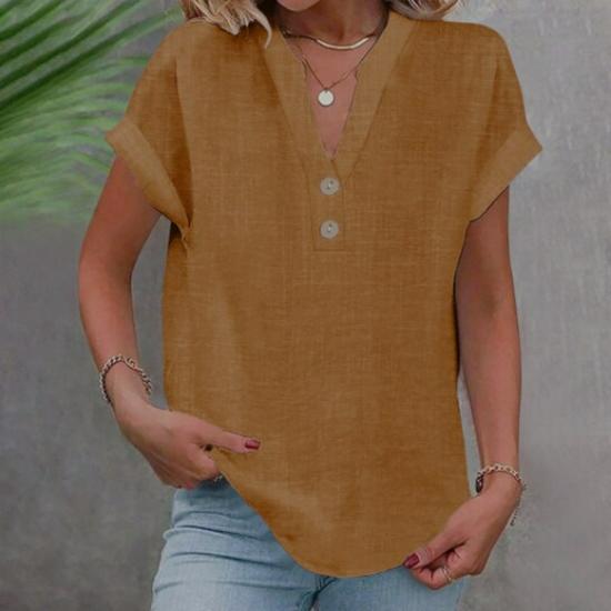 Camicia da donna a maniche corte con colletto alla coreana tinta unita, estate 2024