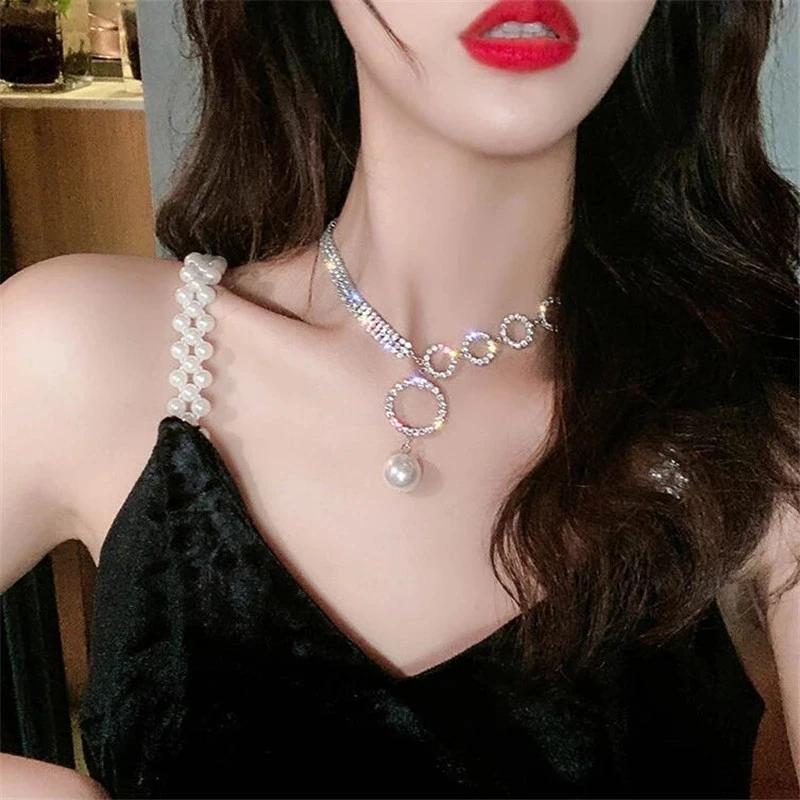 Light Luxury Temperament Full Diamond Large Circular Pearl Necklace Design Sense Splicing Collarbone Chain Women Sexy Jewelry