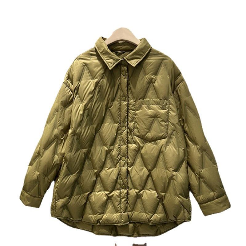 Winter new shirt collar pressed down jacket women's literary and leisure rhombus white duck down warm bread jacket