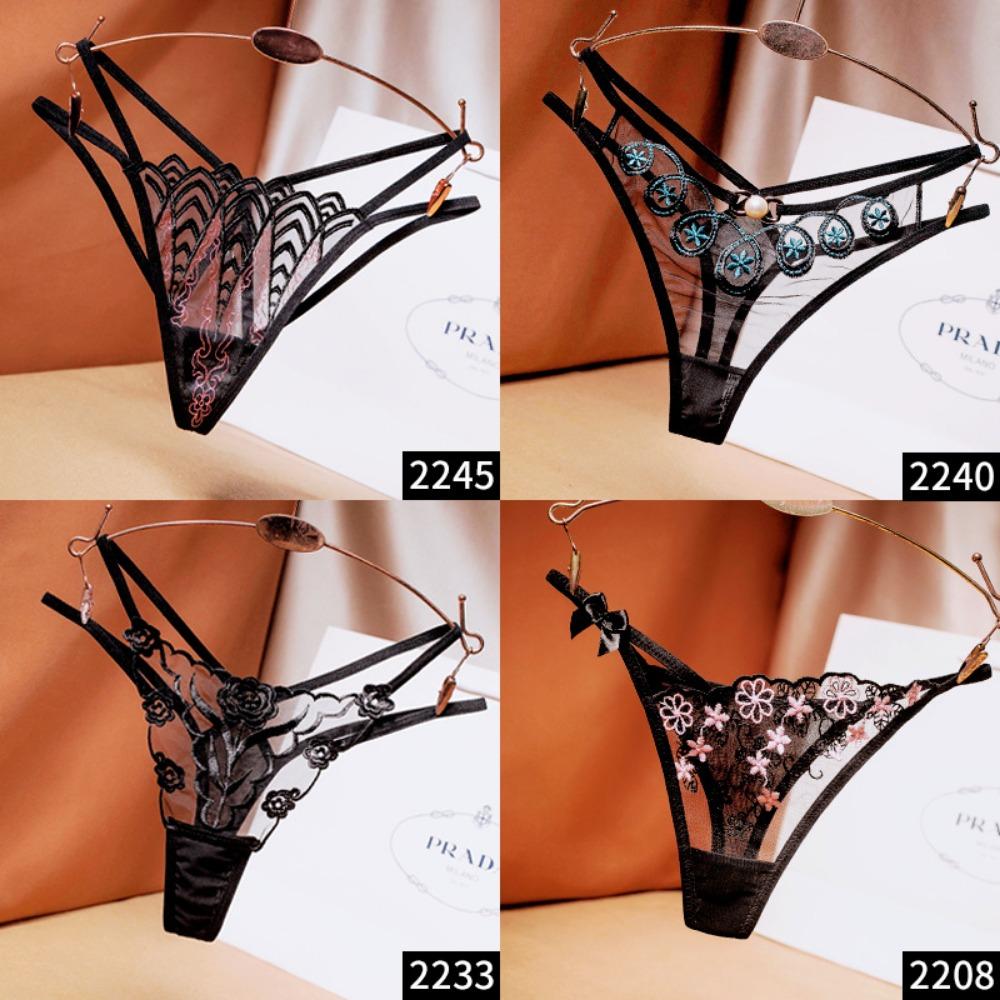 [Free Shipping] 2/4 Independent Packs, Black Embroidered Sexy Thong Female Sentiment Perspective Hot Underwear Thin