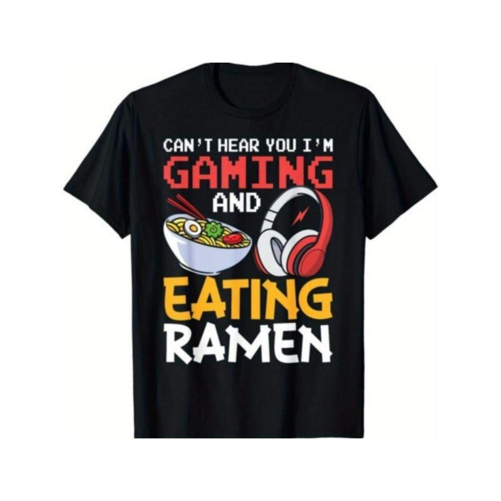 European Sizes Funny Gamer T-Shirt _Can t Hear You I m Gaming & Eating Ramen_ with Ramen Bowl & Headphones Graphic - Casual Streetwear, S чёрный