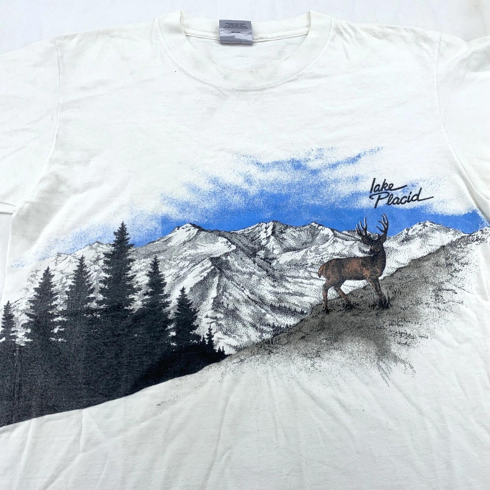 vintage 90s LAKE PLACID DEER MOUNTAIN DOUBLE-SIDED T-Shirt MEDIUM/LARGE new york 4XL