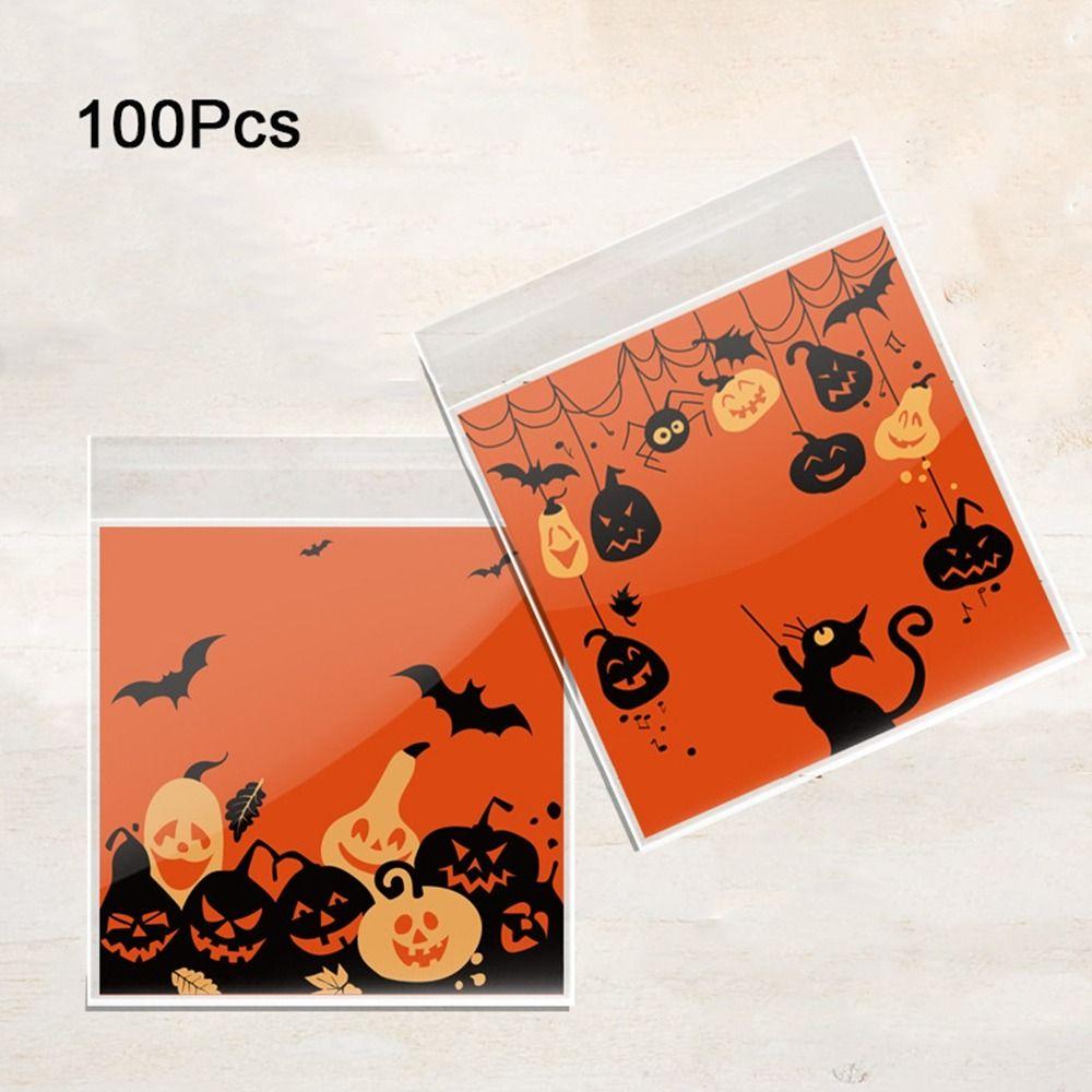 100Pcs Self-adhesive Trick or Treat Bags Plastic Candy Cookie Bags Halloween Candy Bags  Party