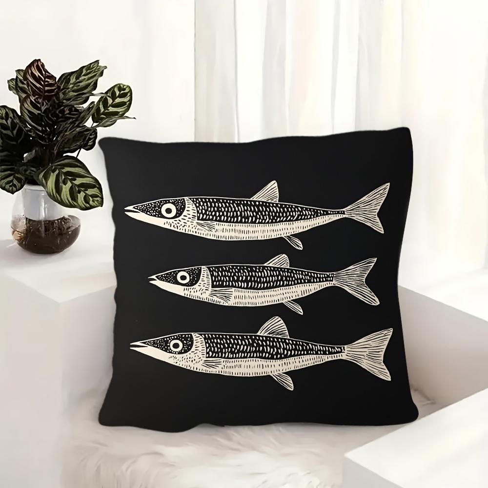 Vintage Fish Pattern Pillow Cover, White Tuna Design On Black Background Cushion Case For Living Room Bedroom Home Decor Gift
