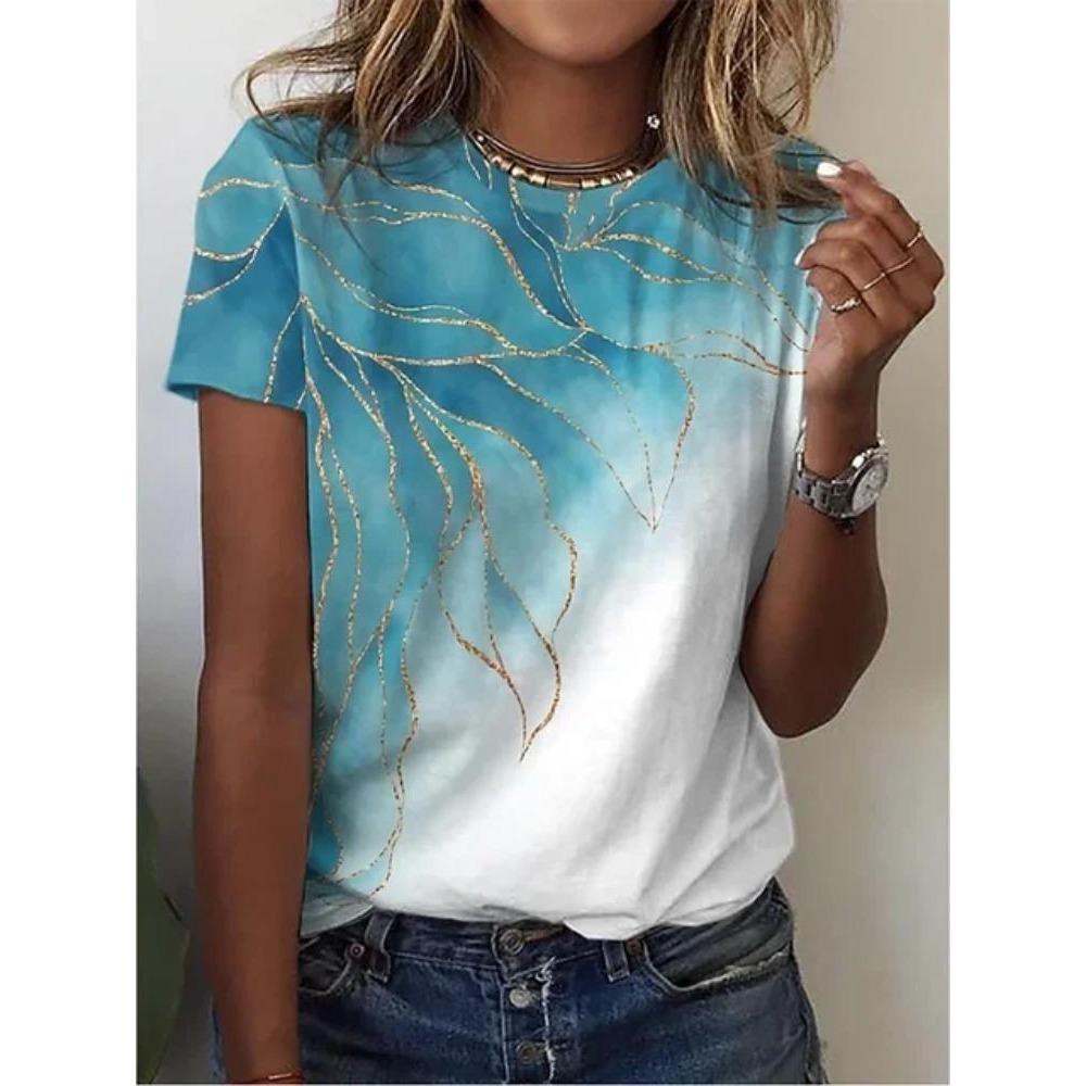 Summer new fashion 3D flower print women's round neck T-shirt short sleeved casual street T-shirt loose clothes women