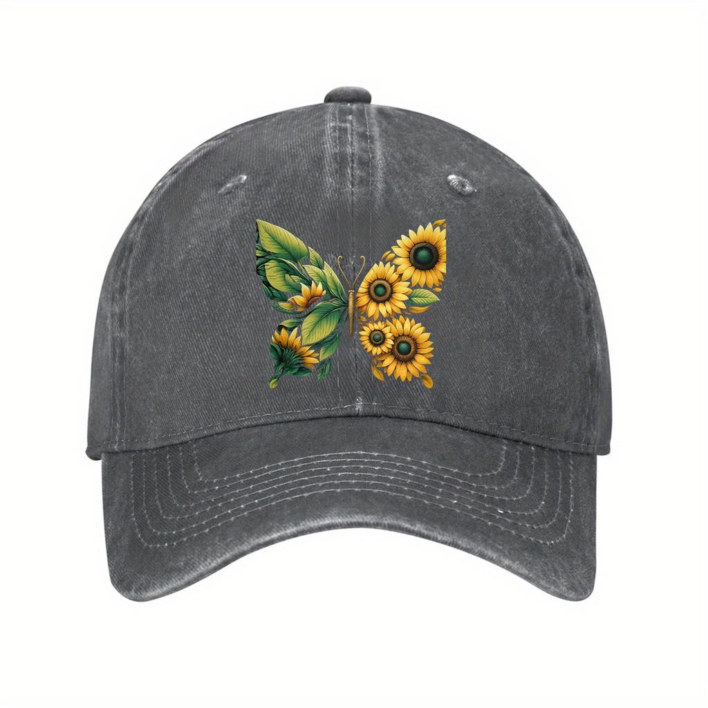 Sunflower Butterfly Print Cotton Baseball Cap Vintage Washed Dad Hat Adjustable Casual Cap