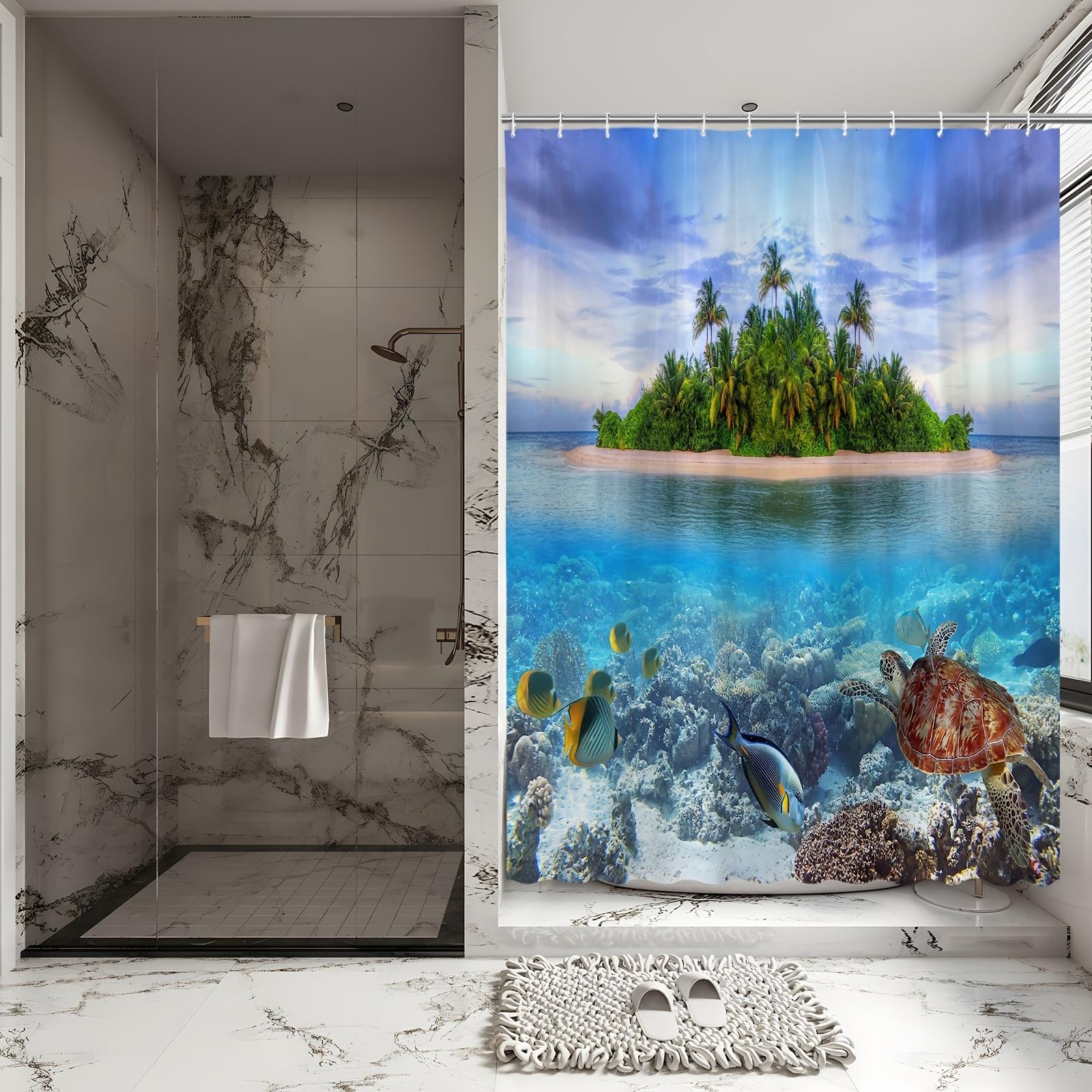Tropical Paradise Shower Curtain - Island & Underwater Life Theme for Bathroom Decor, Adds Exotic Vibes and Ocean Beauty W90XH180cm