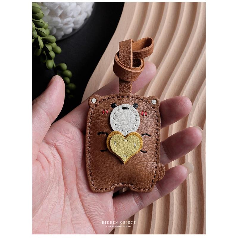 Teddy Bear Bag Keychain Genuine Leather Car Accessory Handmade Small Decoration