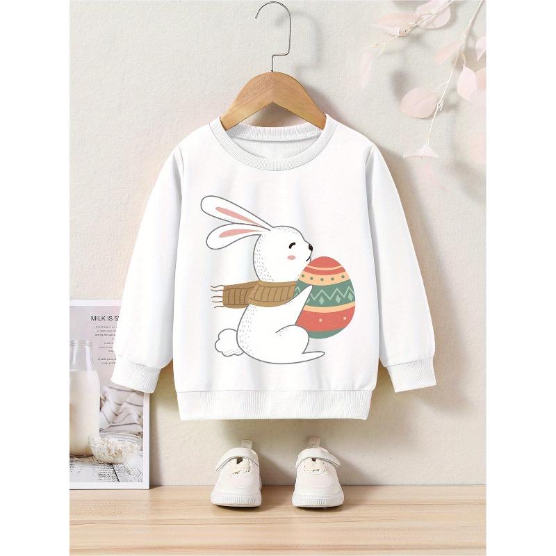 European sizes Cute Easter Bunny Wearing Scarf Print, Kid's Casual Comfy Round Neck Long Sleeve Sweatshirt For Daily And Outdoor Wear