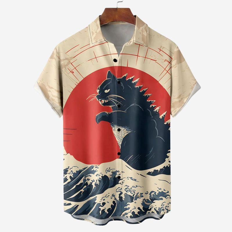 Retro Men's Short Sleeve Shirt Summer New Casual Fun Hawaiian Ukiyoe Kitten Fishing Shark Print Lapel Short Sleeve Shirt