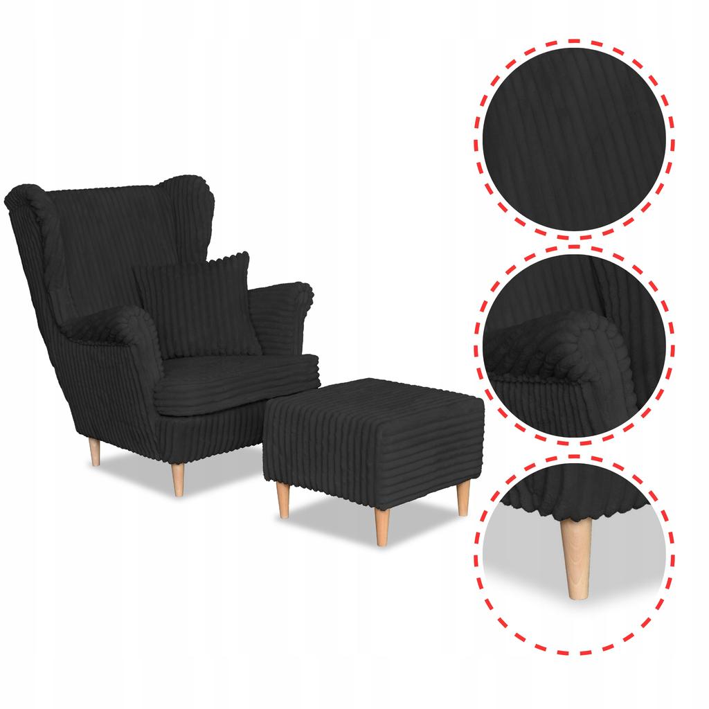 Fotel uszak Rene z podnóżkiem skandynawski Family Meble czarny sztruks