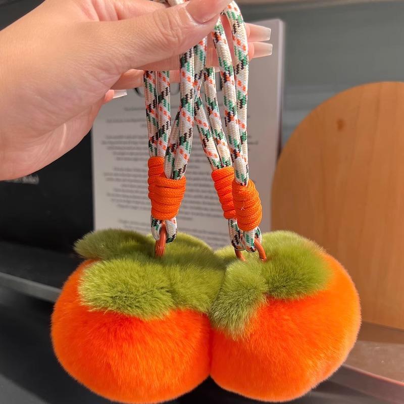 Fluffy Persimmon Keychain - Cute Plush Hangings On Bag Car Trinket For Women, Pompom Keyring Decorative Accessories Gift