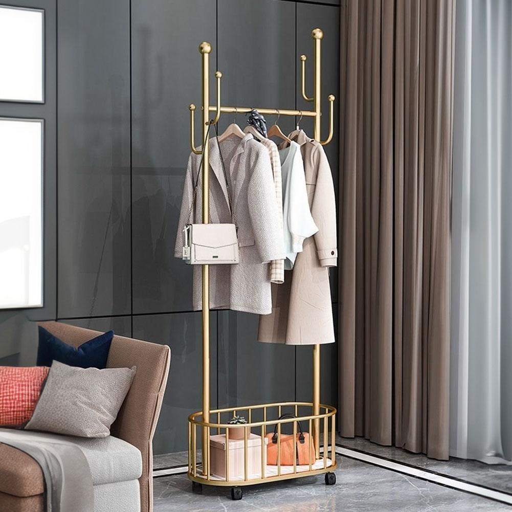 Clothes Rack with Basket Coat Stand Movable Clothes Rail with Wheel for Coats Skirts Shirts Sweaters