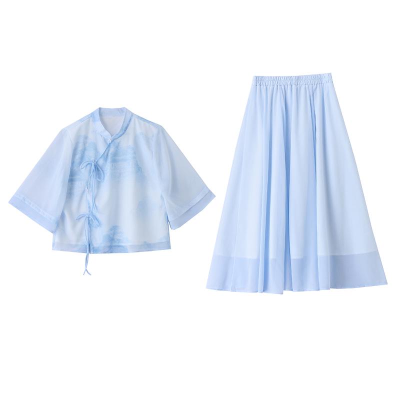 2025 Summer Chinese-Style Print Flare Sleeve Top & Skirt Set