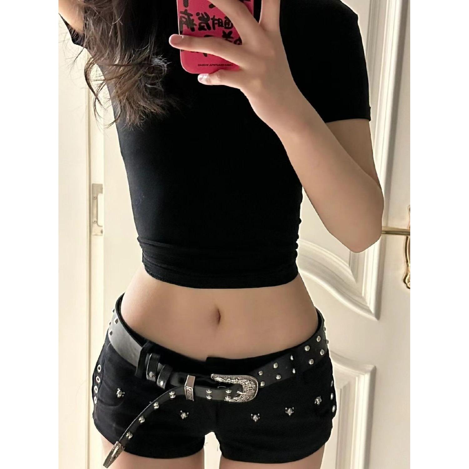 American Spicy Girl Y2K Low-Waist Dark Denim Hot Pants M чёрный