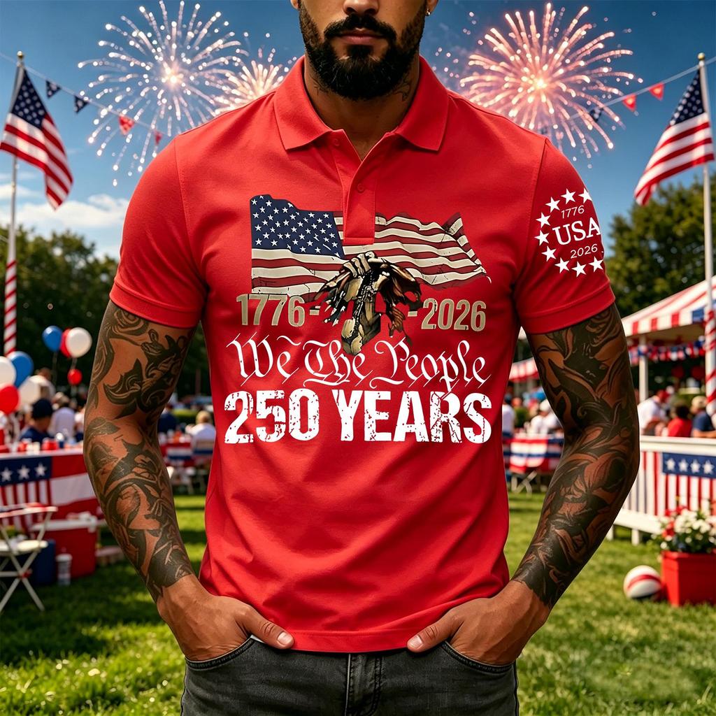 Men's Short Sleeve Polo Shirt with 250 Years Commemorative Print Casual Button Down Top for Everyday Wear