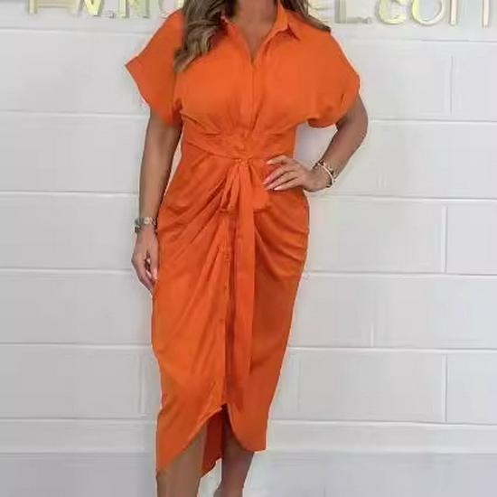 

2024 European and American Solid Color Women s Short Sleeve Elegant Dress S червоний/помаранчевий