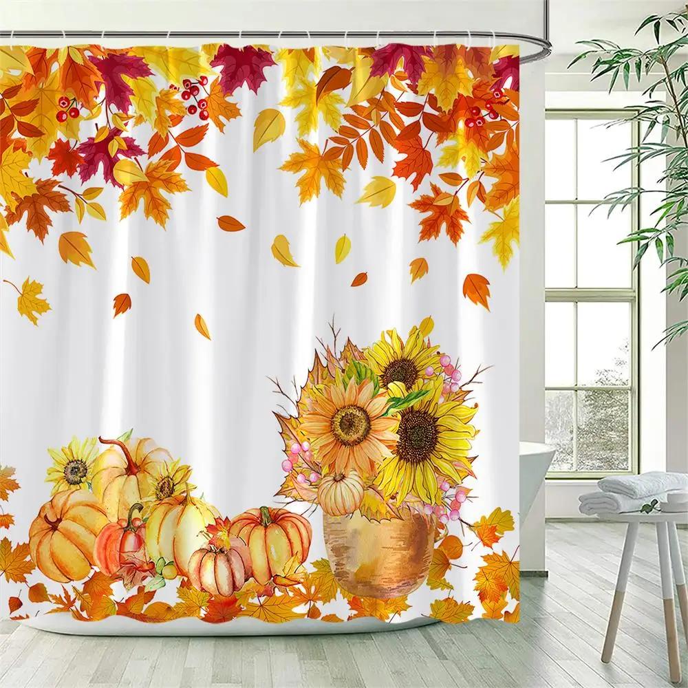 Fall Maple Leaves Shower Curtains Rustic Farm Truck Sunflower Pumpkin Squirrel Autumn Thanksgiving Bathroom Decor Set With Hooks