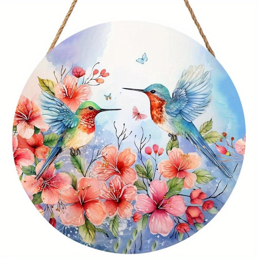 1pc 2d Flat Bolisom Welcomes Spring Summer Flowers Hummingbird Pygmy Lavender Round Wooden Sign - 20cm for Farmhouse Home Wall Decor