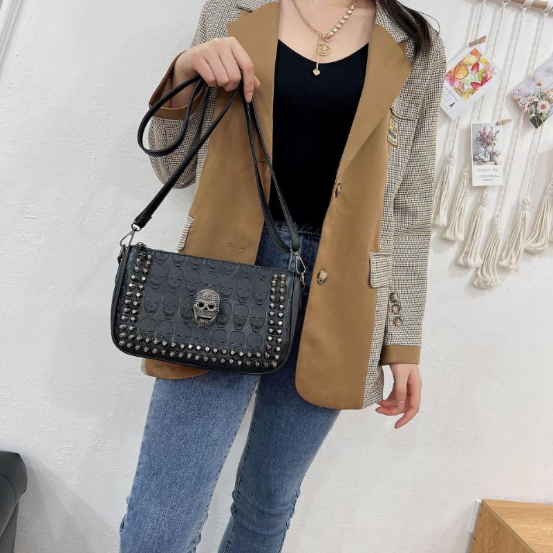 Vintage Punk Style Street Skull Shoulder Bag Tide Leather Rivet Halloween Oblique Span Bag Embossed Small Bag Female