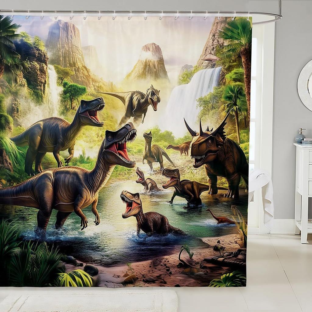 Cartoon Dinosaur Shower Curtain Coconut Tree Hawaii Tropical Bathroom Shower Curtain Sets | Ancient Wild Animals Waterproof