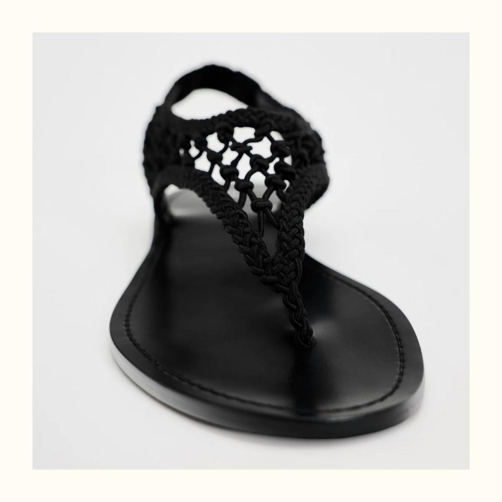 Niche Summer New Pinch Foot Handmade Knitted Flat Bottom One Pedal Cool Slippers Open Toe Black Mesh Hollow Sandals Women
