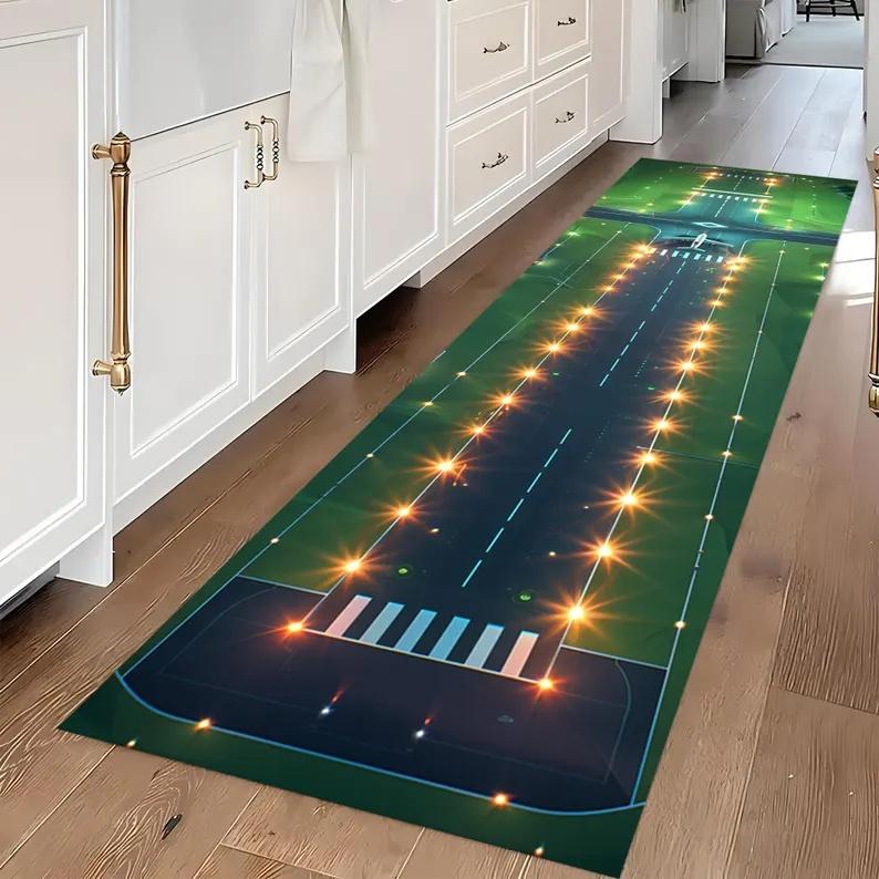 Night Airport Runway Print Runner Rug Anti-slip Long Floor Mat for Hallway Airplane Themed Soft Carpet for Kids Playroom Bedroom