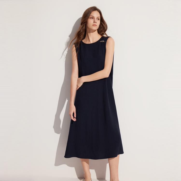 ELLE French Style Logo Design Mid-Length Slimming Little Black Dress Sleeveless Dress Women Dresses Dark-Blue EL48776