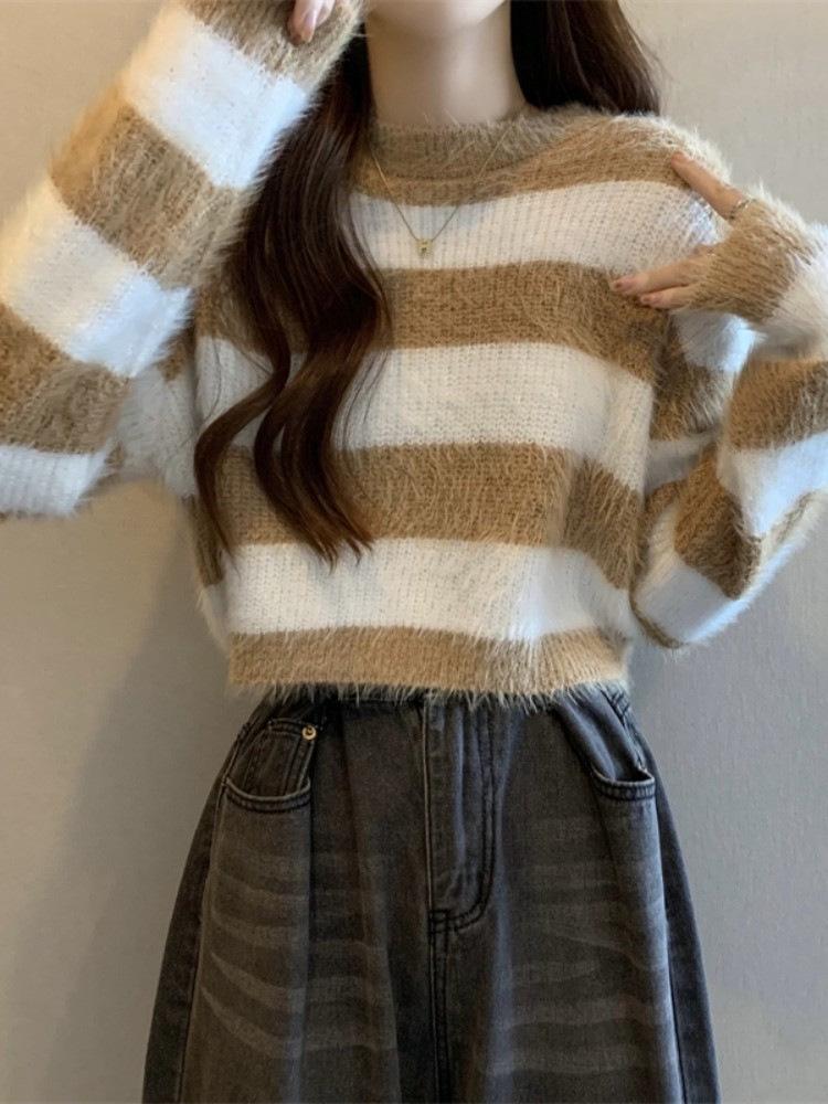 Striped Color Block Loose Knit Sweater - Women's Stylish Long Sleeve Autumn/Winter Top