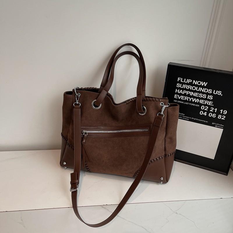Large Capacity Tote Bag Women Vintage Contrast Color PU Leather Soft Structured Daily Commute Casual Use