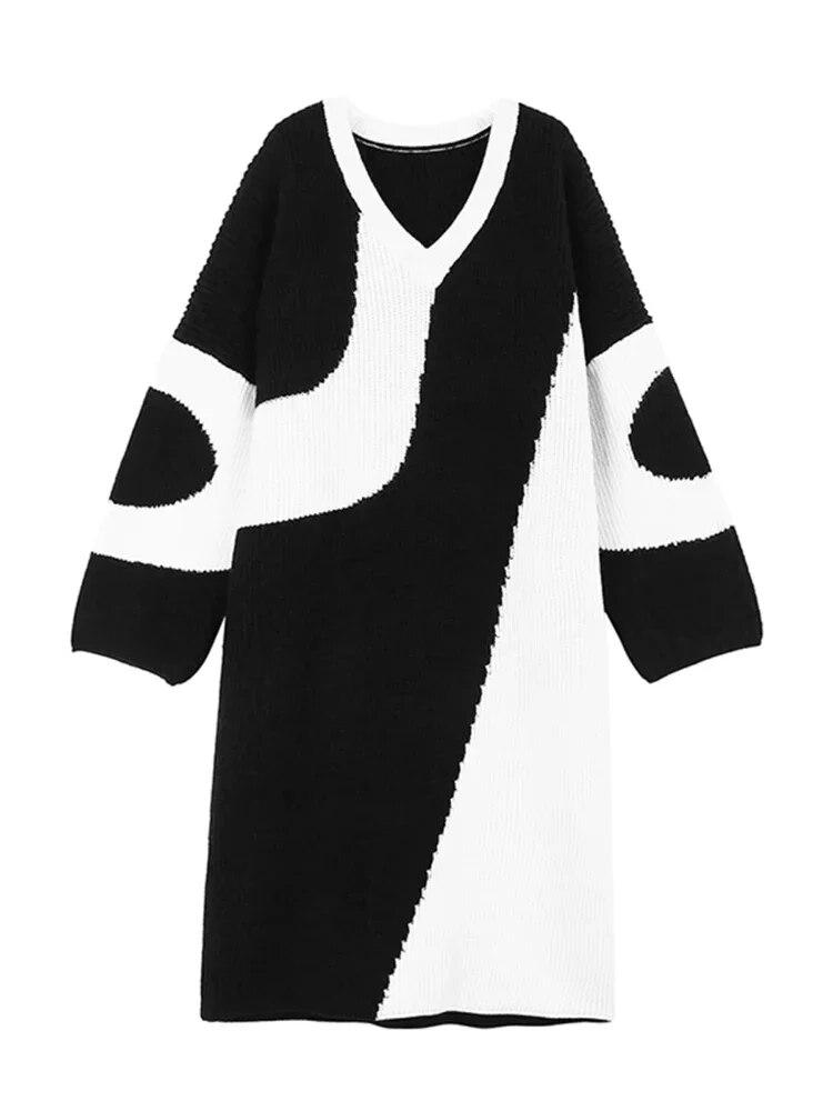Xitao Pletené šaty s výstřihem do V Móda Kontrastní Barva Volný Ležérní Pulovr Dámské DMJ3344
