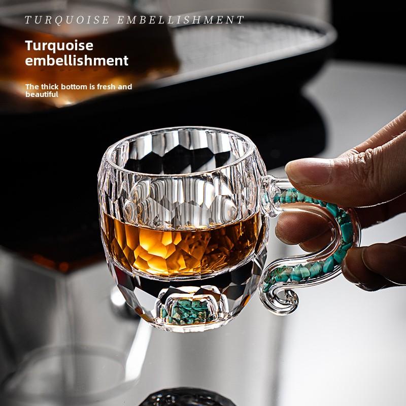 High-grade turquoise teacup women's thickened faceted high-value office teacup crystal glass teacup tea cup