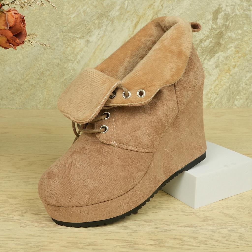 European and American Large Size Suede Lace-up Wedge Heel and Naked Short Boots Women's Winter Velvet Warm Wedge Heel Martin Boots