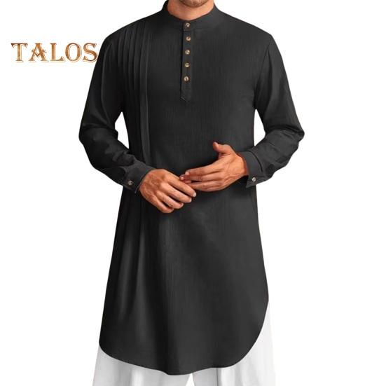 Men's Cotton Linen Kaftan Long Sleeve O-Neck Robe Solid Color Button-up Collar Thobe Breathable Arabic Clothing for Prayers Casual Wear