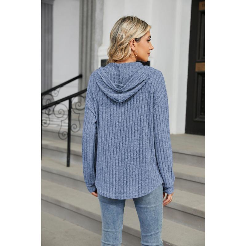 Herbst und Winter Damen Einfarbig Knopf Kapuzentasche Lose Langarm Sweatshirt