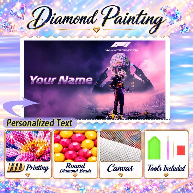Max Verstappen 5D DIY Diamond Painting Custom Name Text, Full Drill Rhinestone Mosaic Art Home Gift