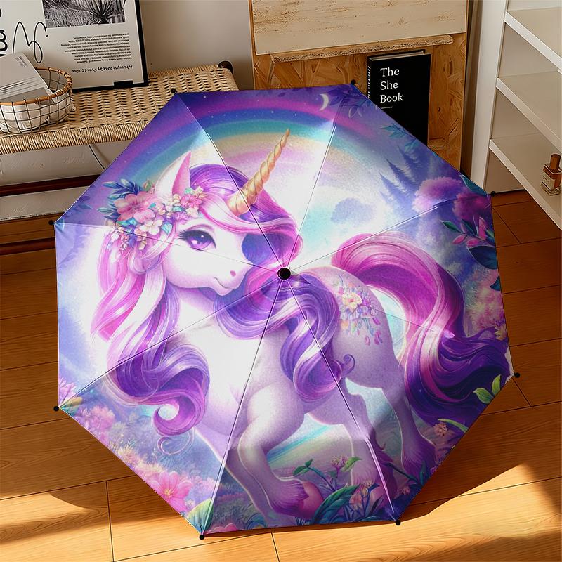 1pc Cartoon cute fantasy unicorn Umbrella Portable Folding Umbrella Iron Frame Hole Bone Structure Outdoor Home Umbrella