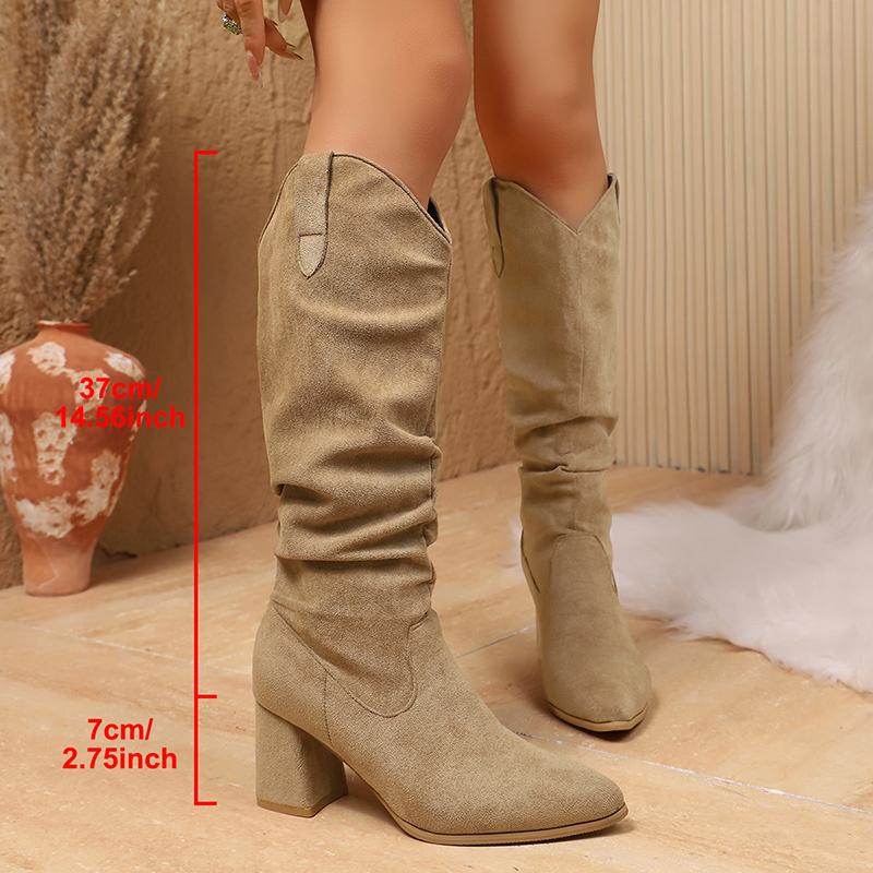 

Flock Chunky Heel Knee High top Women Plus Size 35 42 Fleece Lining Long Woman Slip on Faux Suede Heels Botas Mujer 40