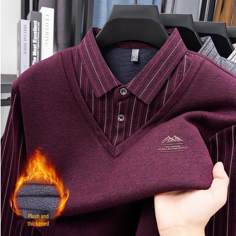 Men's Winter Striped Knitted Sweater - Faux Two-Piece with Turn-Down Collar, Fleece Lined