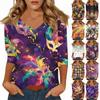 טי שירט נשים הדפס שרוול 3/4 יומיומי סוף שבוע אופנה בסיסי צווארון וי טופ רגיל