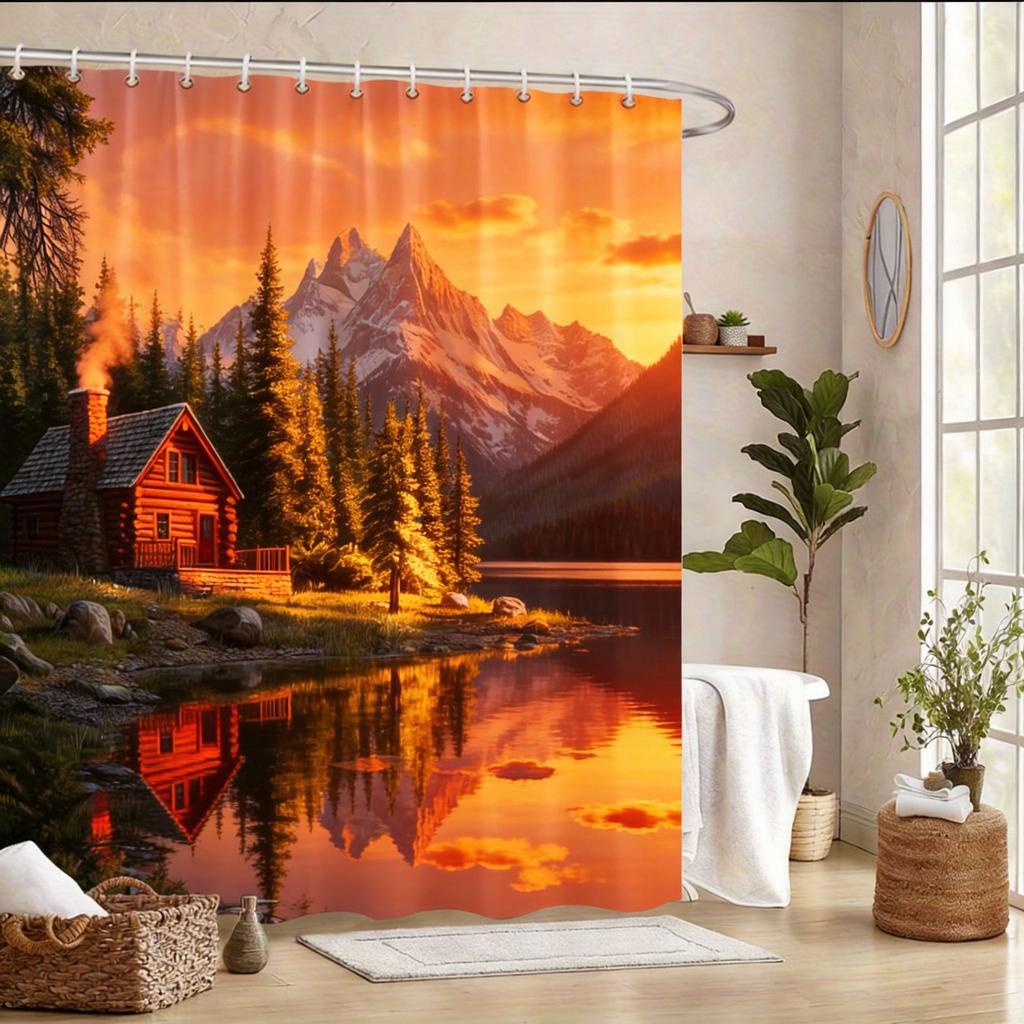 Lakeside Cabin Shower Curtain 180X180Cm – Rustic Wooden House With Snowy Peaks, Cozy Nature Bathroom Decor, 12 Hooks