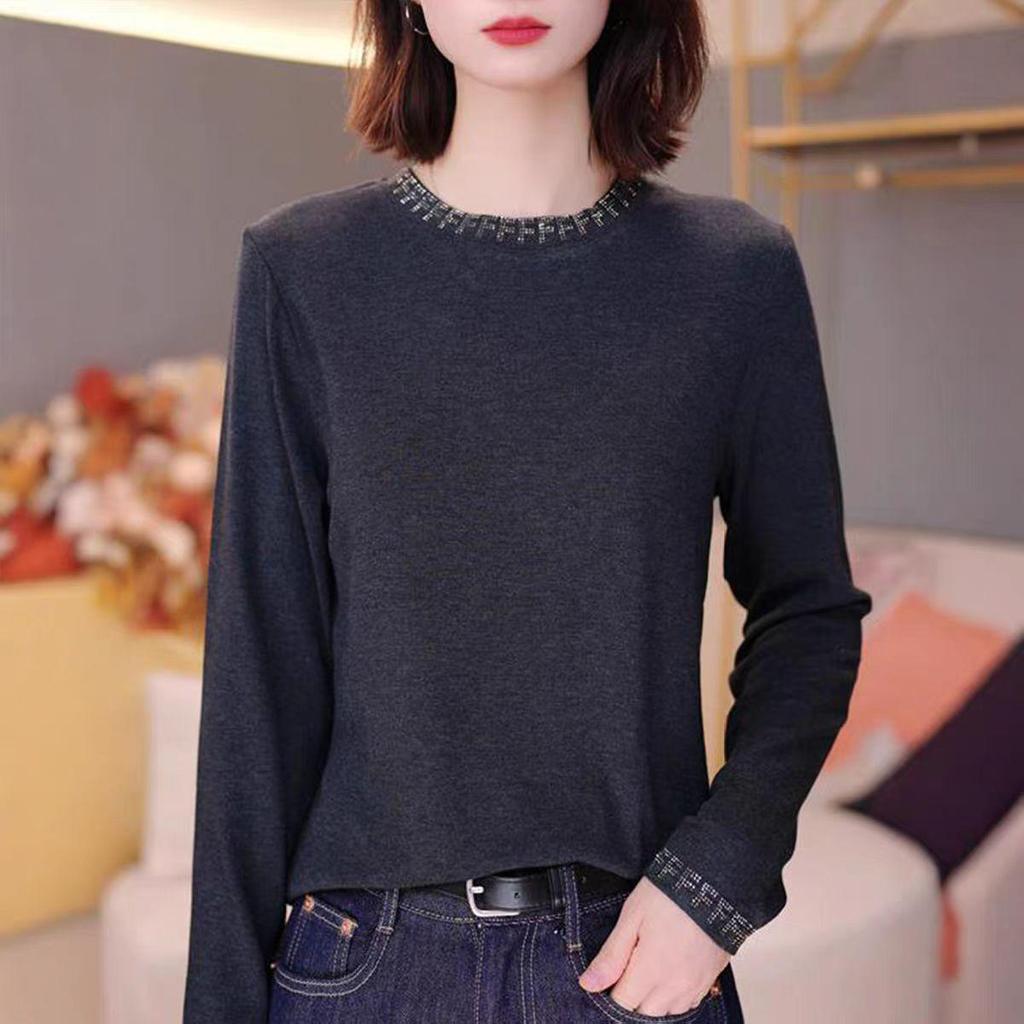 Elegant Rhinestone Long Sleeve Round Neck Base Layer Top for Women
