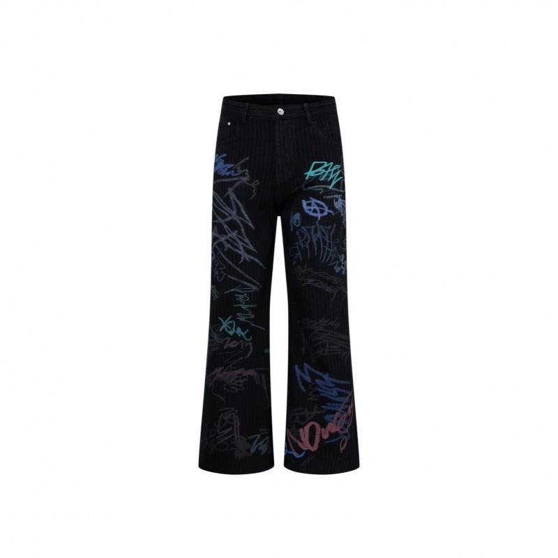 American High Street Striped Graffiti Flare Jeans Unisex Loose Distressed Denim Pants