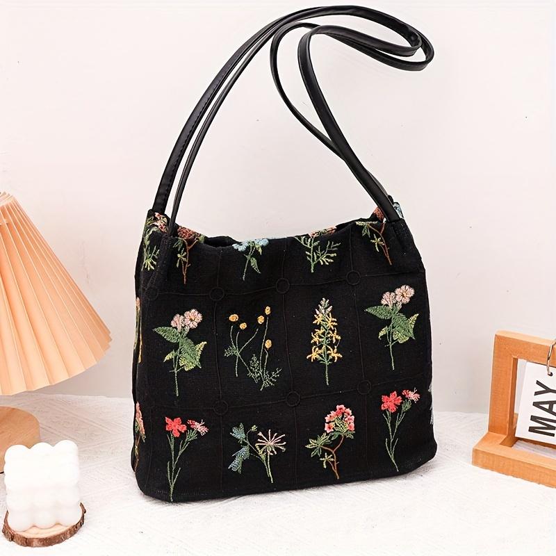 Floral Embroidery Shoulder Bag Vintage Daily Bucket Bag Fashion Handbags For Women
