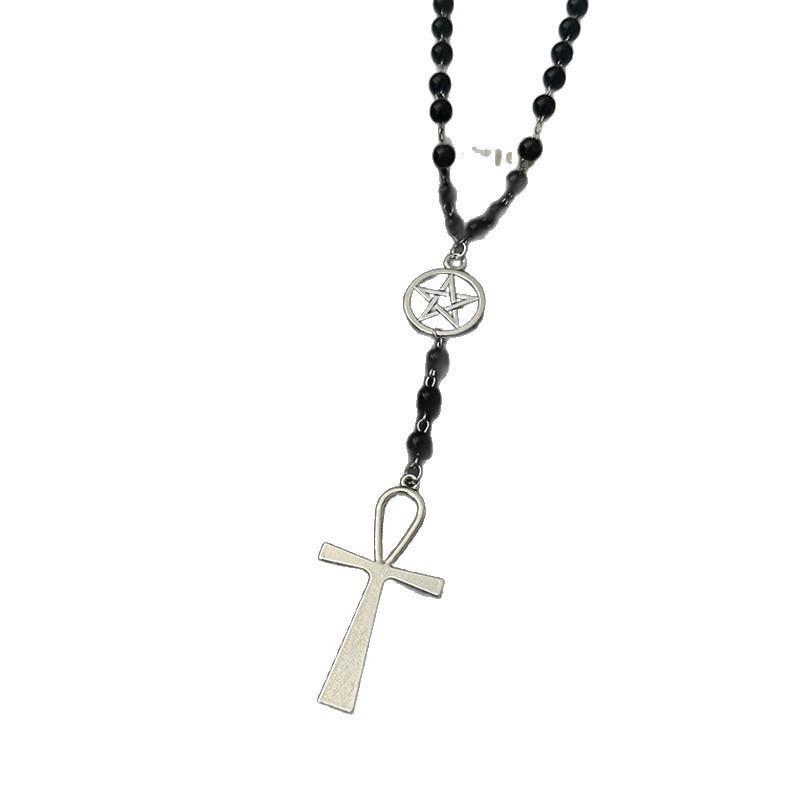 Y2K Punk Long Cross Necklace for Women - Dark Beaded European & American Versatile Clavicle Chain