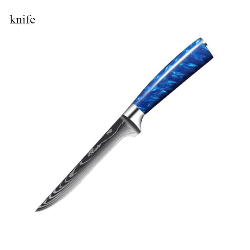 Kitchen Knife Set Chef's Knife Santoku Knife Cutting Butcher Knife Damascus Pattern Blue Resin Handle Utility Knife Paring Knives