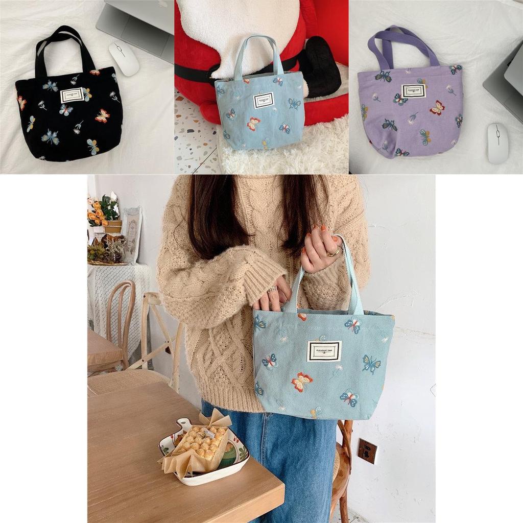 Adorable Purple Butterfly Embroidered Handheld Bag Trendy Cotton Linen Lunch Tote For Everyday Use And Stylish Outfits